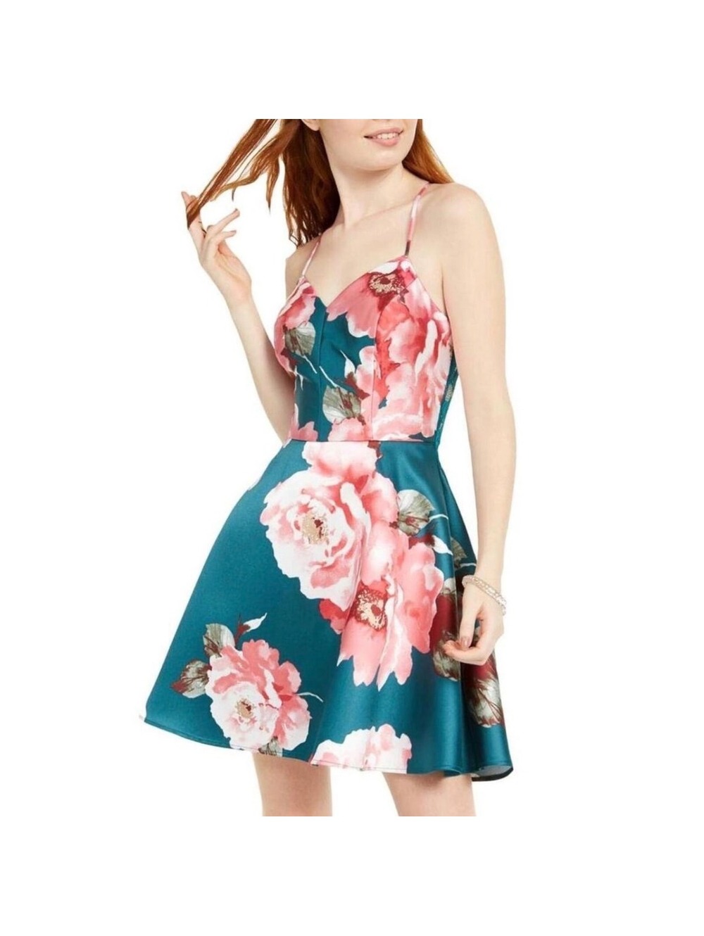 NWT City Studio Mini Dress Green Floral Juniors 1 Party Social Sweetheart garden